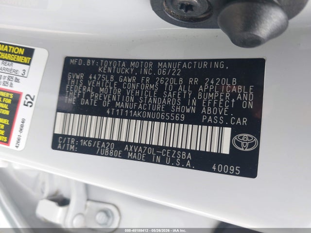 45188412 :رقم المزاد ، 4T1T11AK0NU065569 vin ، 2022 Toyota Camry Se مزاد بيع