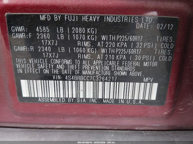 Продажа на аукционе авто 2012 Subaru Outback 2.5i Premium, vin: 4S4BRBCC7C3264217, номер лота: 45188414