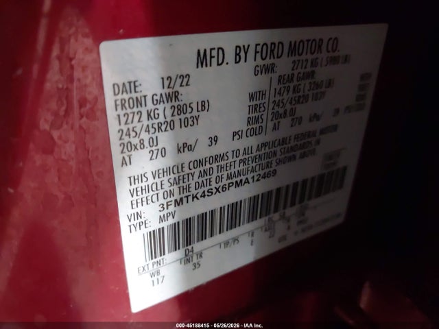 45188415 :رقم المزاد ، 3FMTK4SX6PMA12469 vin ، 2023 Ford Mustang Mach-e Gt مزاد بيع