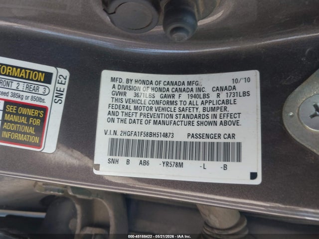Продаж на аукціоні авто 2011 Honda Civic Lx, vin: 2HGFA1F58BH514873, номер лоту: 45188422