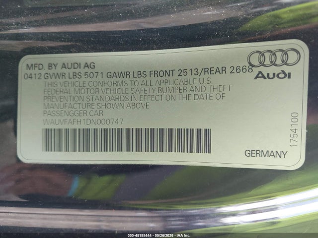 45188444 :رقم المزاد ، WAUVFAFH1DN000747 vin ، 2013 Audi A5 2.0t Premium مزاد بيع
