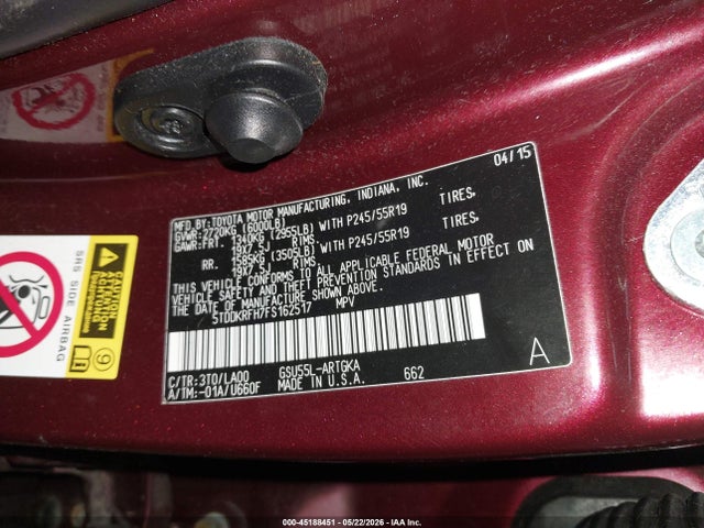 Aukcja sprzedaży 2015 Toyota Highlander Limited V6, vin: 5TDDKRFH7FS162517, numer aukcji: 45188451