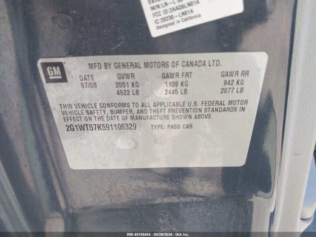 45188454 :رقم المزاد ، 2G1WT57K591106329 vin ، 2009 Chevrolet Impala Lt مزاد بيع