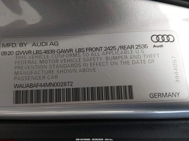 Aukcja sprzedaży 2021 Audi A4 Premium 40 Tfsi Quattro S Tronic, vin: WAUABAF44MN002872, numer aukcji: 45188460