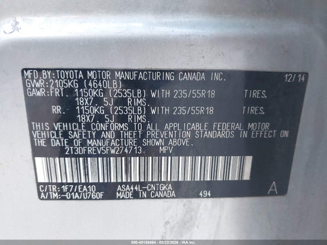Toyota Rav4 Limited 2015 2T3DFREV5FW274713 Image 9