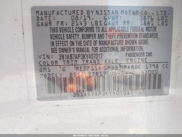 3N1AB7AP3KY407017 Nissan SENTRA SV