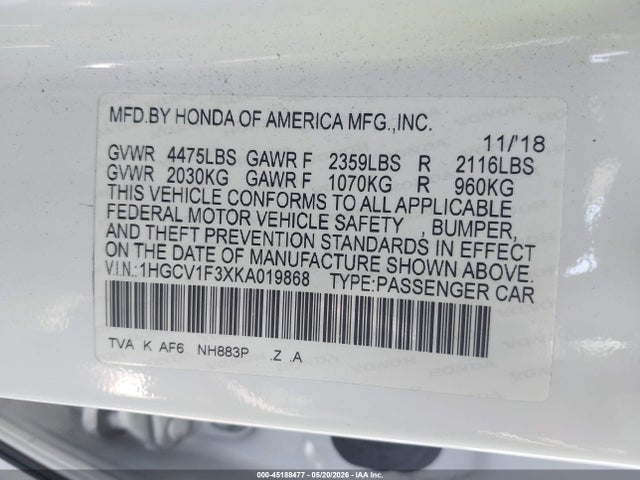 2019 Honda Accord Sport მანქანა იყიდება აუქციონზე, vin: 1HGCV1F3XKA019868, აუქციონის ნომერი: 45188477