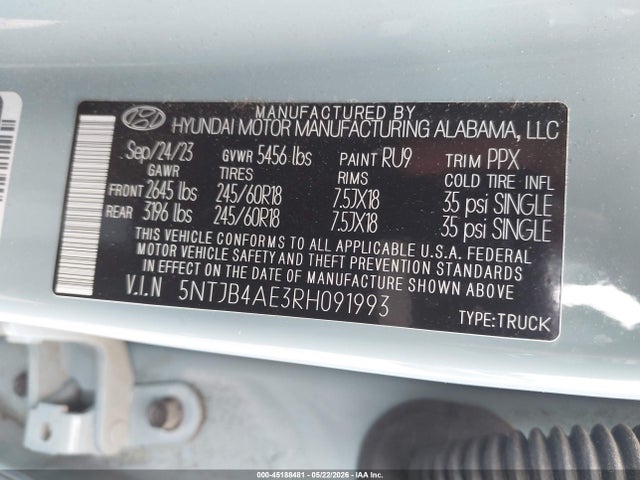 2024 Hyundai Santa Cruz Sel მანქანა იყიდება აუქციონზე, vin: 5NTJB4AE3RH091993, აუქციონის ნომერი: 45188481