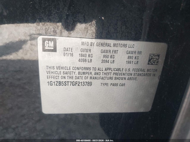 45188485 :رقم المزاد ، 1G1ZB5ST7GF213789 vin ، 2016 Chevrolet Malibu Ls مزاد بيع