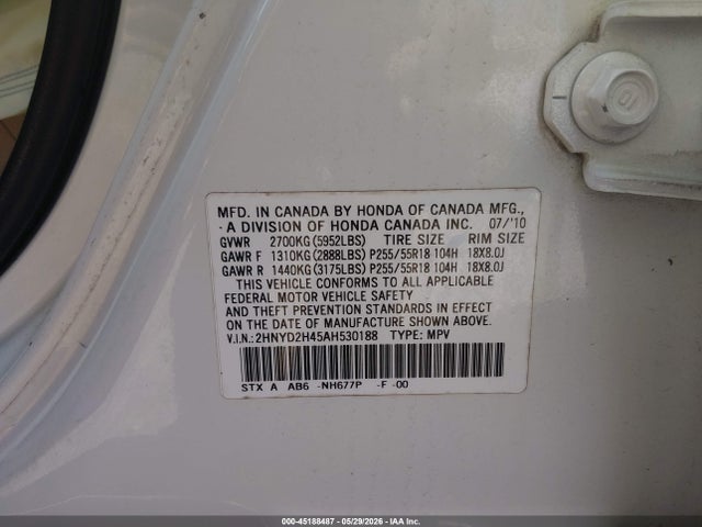 Продаж на аукціоні авто 2010 Acura Mdx Technology Package, vin: 2HNYD2H45AH530188, номер лоту: 45188487