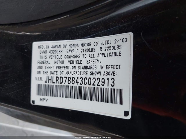 Продаж на аукціоні авто 2003 Honda Cr-v Ex, vin: JHLRD78843C022913, номер лоту: 45188500