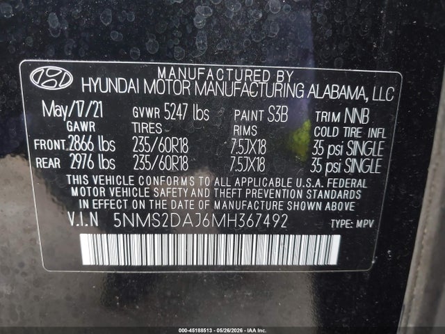 Aukcja sprzedaży 2021 Hyundai Santa Fe Sel, vin: 5NMS2DAJ6MH367492, numer aukcji: 45188513