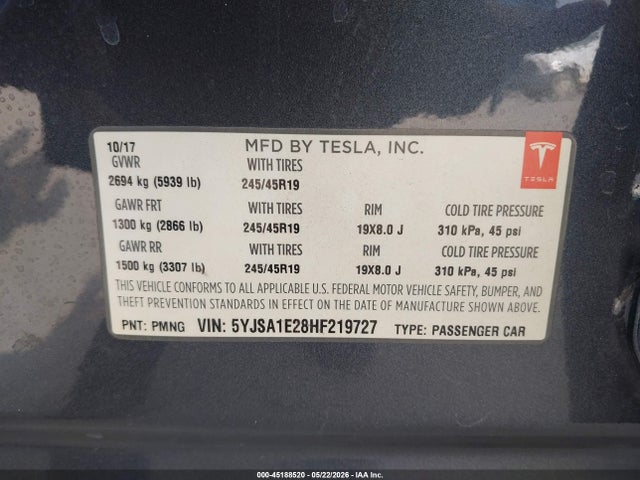 Tesla Model S 100d/60d/75d/90d/p100d 2017 5YJSA1E28HF219727 Image 9