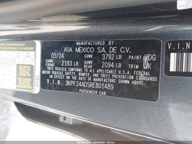 2024 Kia Forte Lxs მანქანა იყიდება აუქციონზე, vin: 3KPF24AD5RE801489, აუქციონის ნომერი: 45188530