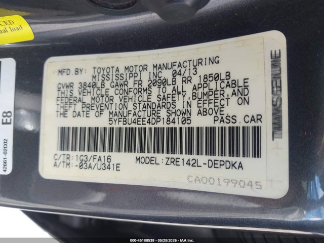 Aukcja sprzedaży 2013 Toyota Corolla L, vin: 5YFBU4EE4DP184105, numer aukcji: 45188538