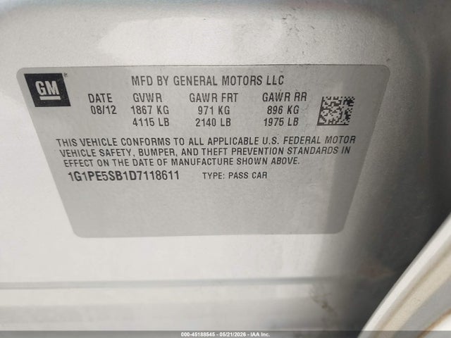 Aukcja sprzedaży 2013 Chevrolet Cruze 2lt Auto, vin: 1G1PE5SB1D7118611, numer aukcji: 45188545
