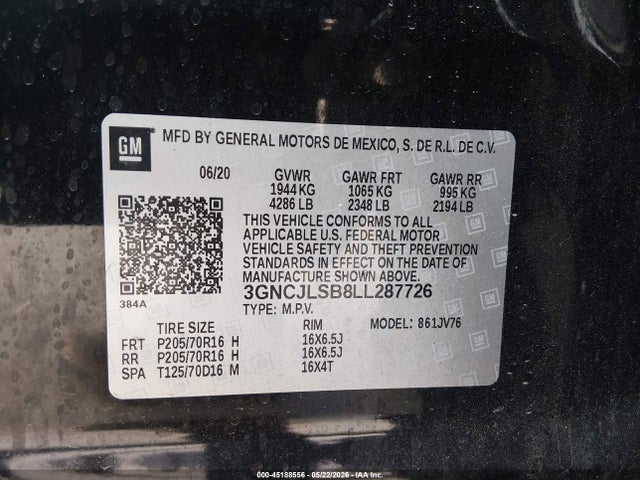 Aukcja sprzedaży 2020 Chevrolet Trax Fwd Lt, vin: 3GNCJLSB8LL287726, numer aukcji: 45188556