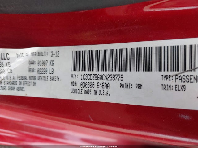 Aukcja sprzedaży 2012 Dodge Avenger R/t, vin: 1C3CDZBG0CN238779, numer aukcji: 45188567