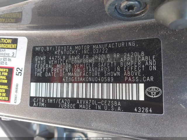 Aukcja sprzedaży 2022 Toyota Camry Se, vin: 4T1G11AK0NU040589, numer aukcji: 45188571