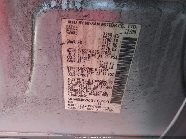Aukcja sprzedaży 2009 Nissan Xterra S, vin: 5N1AN08U59C506749, numer aukcji: 45188572