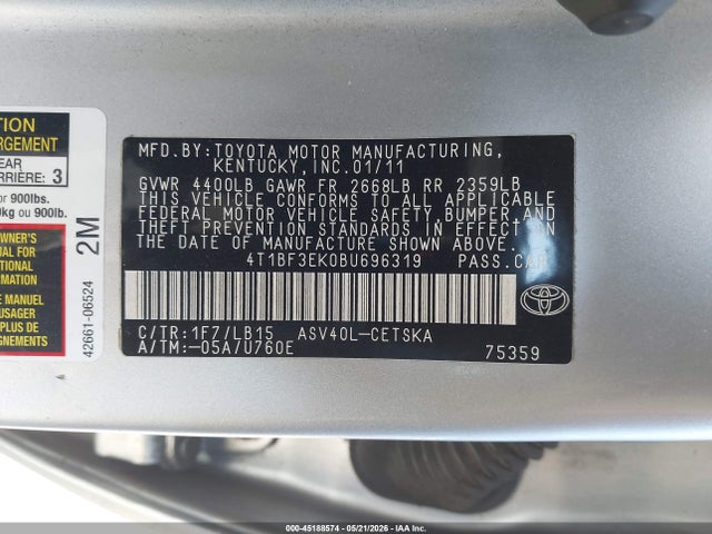 Aukcja sprzedaży 2011 Toyota Camry Se, vin: 4T1BF3EK0BU696319, numer aukcji: 45188574