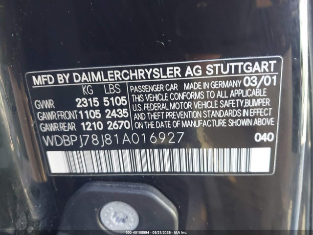 45188594 :رقم المزاد ، WDBPJ78J81A016927 vin ، 2001 Mercedes-benz Cl 600 مزاد بيع