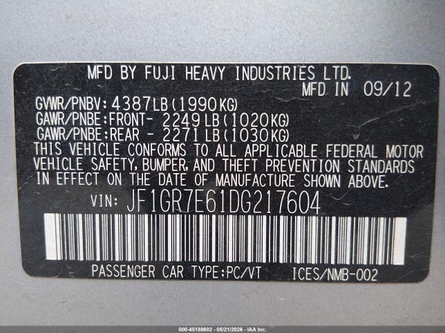 2013 Subaru Impreza Wrx მანქანა იყიდება აუქციონზე, vin: JF1GR7E61DG217604, აუქციონის ნომერი: 45188602
