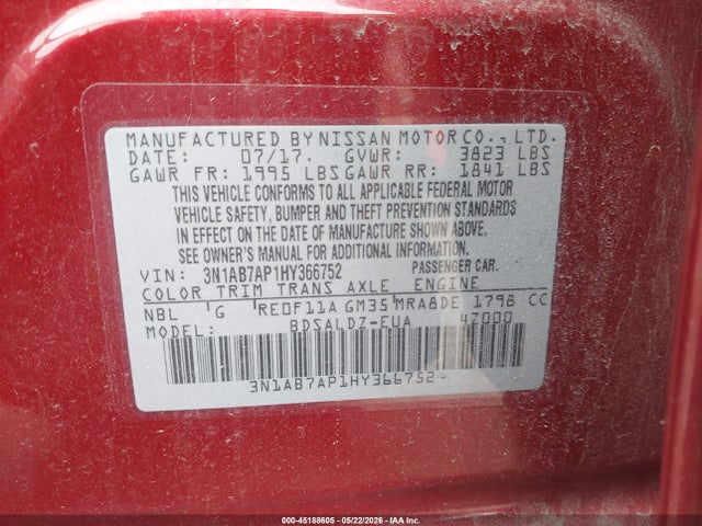 Aukcja sprzedaży 2017 Nissan Sentra Sv, vin: 3N1AB7AP1HY366752, numer aukcji: 45188605