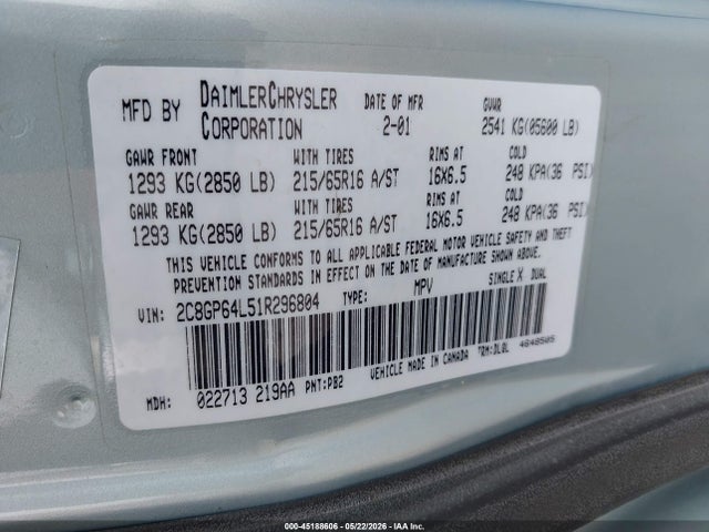 Продаж на аукціоні авто 2001 Chrysler Town & Country Limited, vin: 2C8GP64L51R296804, номер лоту: 45188606