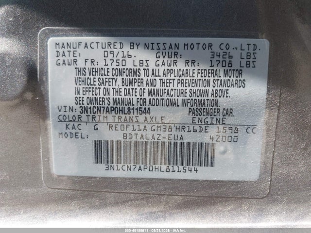 3N1CN7AP0HL811544 Nissan Versa 1.6 S+