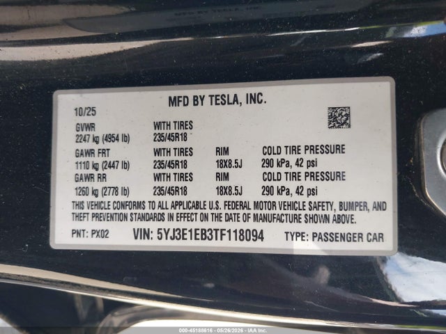 45188616 :رقم المزاد ، 5YJ3E1EB3TF118094 vin ، 2026 Tesla Model 3 Premium All-wheel Drive مزاد بيع