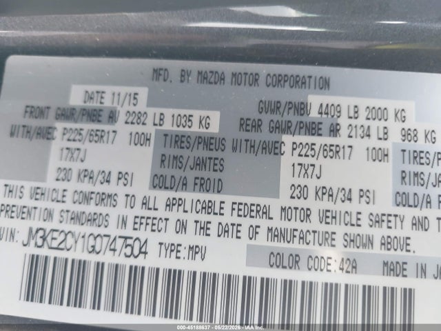 45188637 :رقم المزاد ، JM3KE2CY1G0747504 vin ، 2016 Mazda Cx-5 Touring مزاد بيع