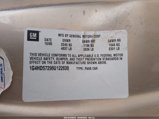 2006 Buick Lucerne Cxl მანქანა იყიდება აუქციონზე, vin: 1G4HD57296U122638, აუქციონის ნომერი: 45188638