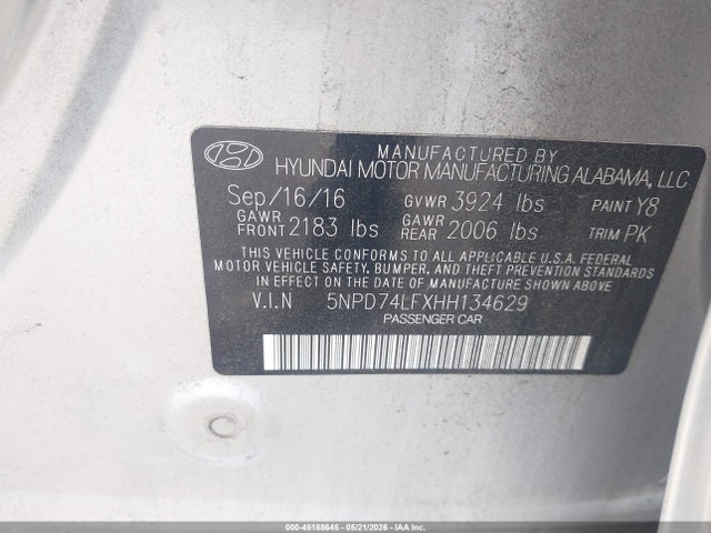 Продажа на аукционе авто 2017 Hyundai Elantra Se, vin: 5NPD74LFXHH134629, номер лота: 45188645
