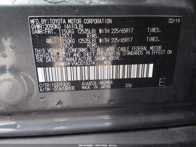 Продаж на аукціоні авто 2019 Toyota Rav4 Xle, vin: JTMW1RFV5KD018374, номер лоту: 45188651