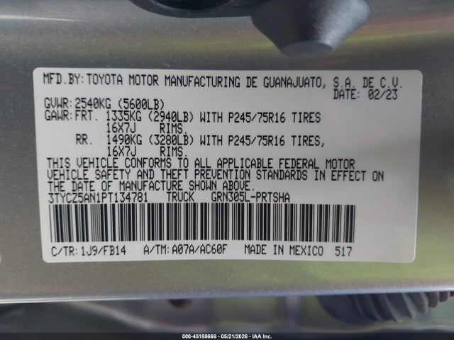 Aukcja sprzedaży 2023 Toyota Tacoma Sr V6, vin: 3TYCZ5AN1PT134781, numer aukcji: 45188666
