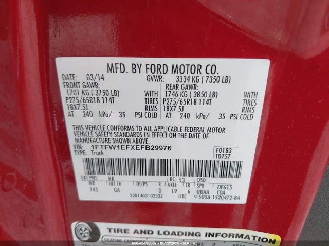 Ford F-150 Xlt 2014 1FTFW1EFXEFB29976 Image 9