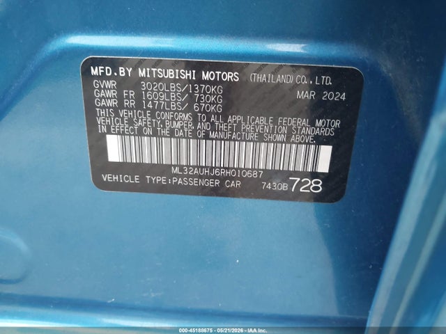 Aukcja sprzedaży 2024 Mitsubishi Mirage Es/le, vin: ML32AUHJ6RH010687, numer aukcji: 45188675
