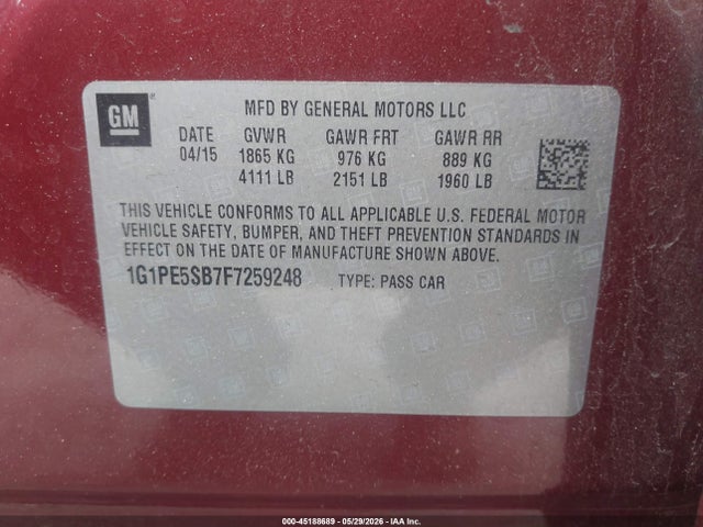 Продаж на аукціоні авто 2015 Chevrolet Cruze 2lt Auto, vin: 1G1PE5SB7F7259248, номер лоту: 45188689