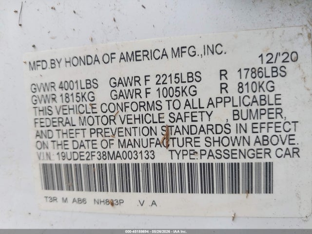 45188694 :رقم المزاد ، 19UDE2F38MA003133 vin ، 2021 Acura Ilx Standard مزاد بيع