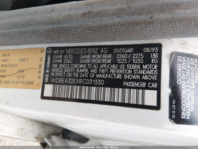 Aukcja sprzedaży 1994 Mercedes-benz E 320, vin: WDBEA32EXRC031330, numer aukcji: 45188706