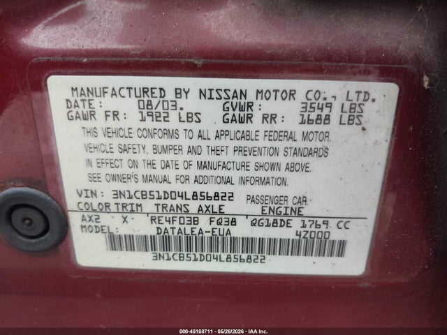 Продаж на аукціоні авто 2004 Nissan Sentra 1.8s, vin: 3N1CB51D04L856822, номер лоту: 45188711