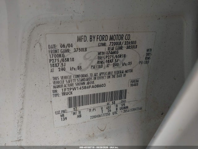 Aukcja sprzedaży 2004 Ford F-150 Fx4/lariat/xlt, vin: 1FTPW14584FA08603, numer aukcji: 45188719