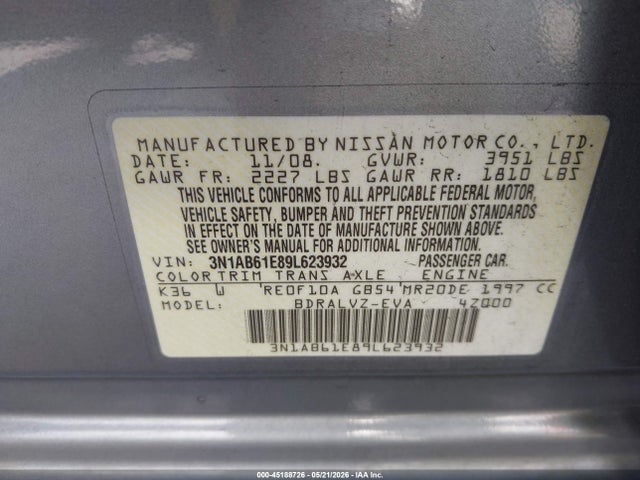 Продажа на аукционе авто 2009 Nissan Sentra 2.0sl, vin: 3N1AB61E89L623932, номер лота: 45188726