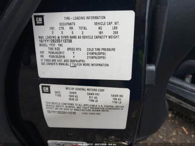 Продаж на аукціоні авто 2003 Chevrolet Corvette Z06 Hardtop, vin: 1G1YY12S235113738, номер лоту: 45188737