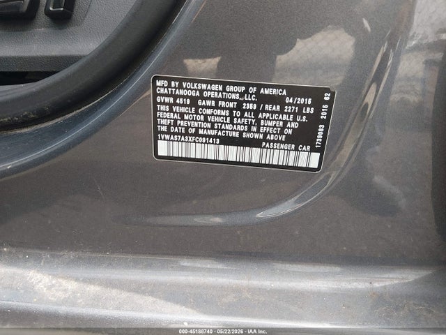 Aukcja sprzedaży 2015 Volkswagen Passat 1.8t Limited Edition, vin: 1VWAS7A3XFC091413, numer aukcji: 45188740