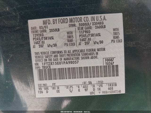 Aukcja sprzedaży 2001 Ford Ranger Edge/xlt, vin: 1FTZR15E01PA98057, numer aukcji: 45188744