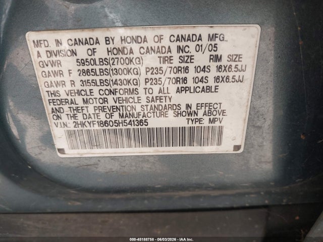 Aukcja sprzedaży 2005 Honda Pilot Ex-l, vin: 2HKYF18605H541365, numer aukcji: 45188758