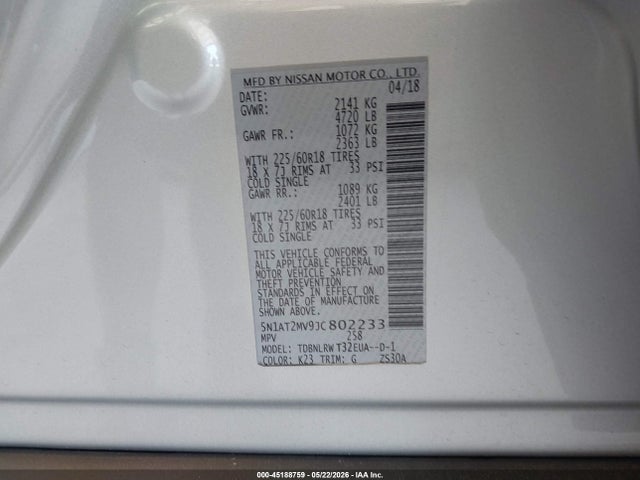 5N1AT2MV9JC802233 Nissan Rogue Sl