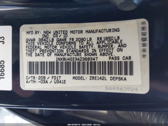 Продаж на аукціоні авто 2010 Toyota Corolla S, vin: 1NXBU4EE3AZ368347, номер лоту: 45188774